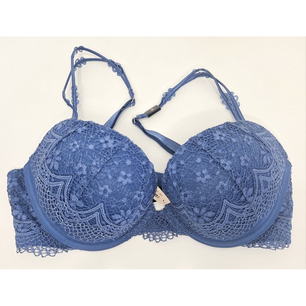 Victoria’s Secret Bombshell Plunge Underwire Push Up Blue Lace Bra 34D